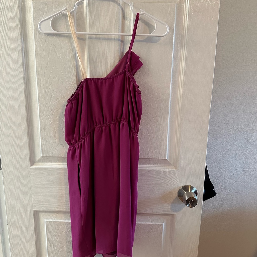 Berry Colored One-Shoulder Ruffle Dress - Picture 2 of 4